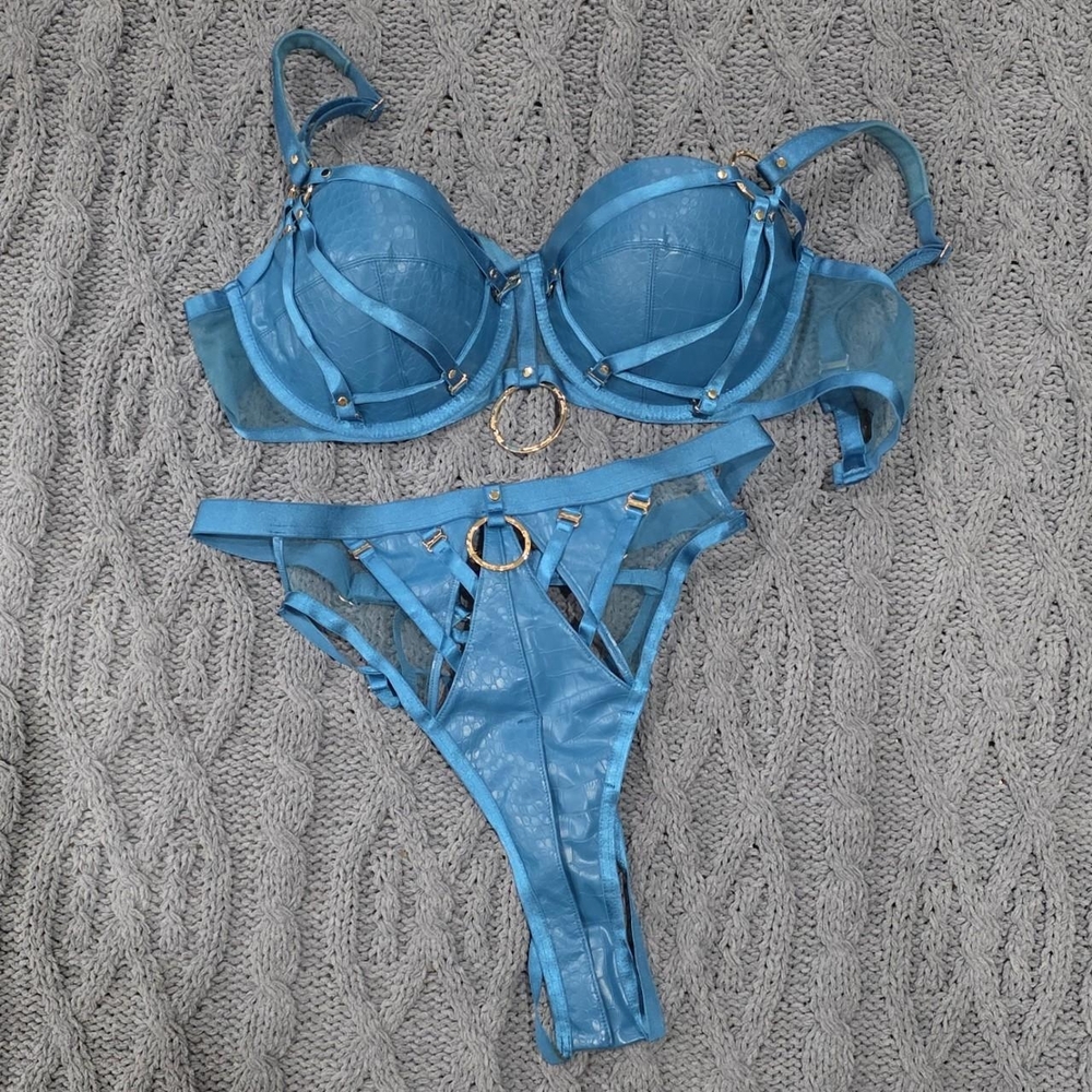 Honey Birdette Blue Pleather Push-up bra Set